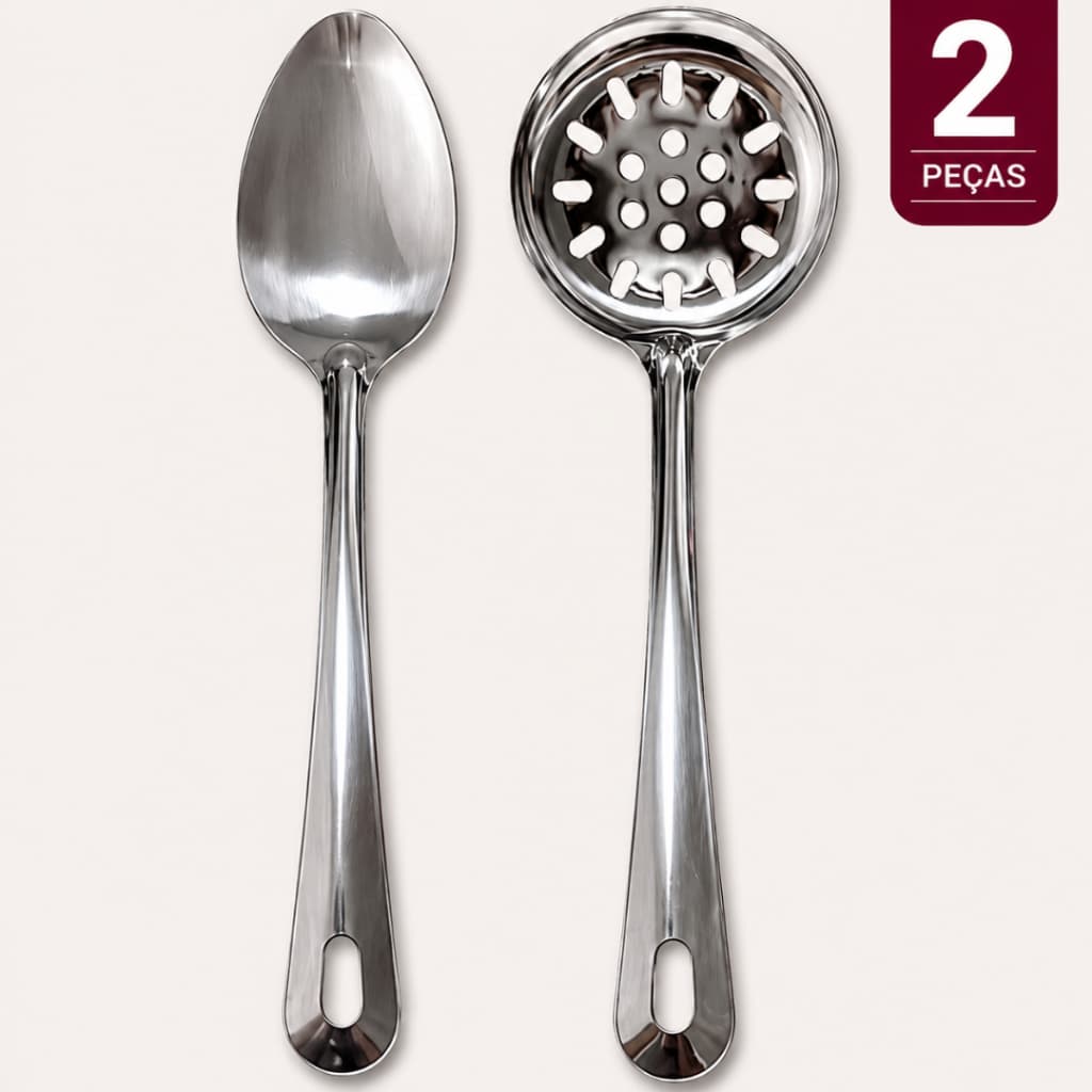 Colher Servir Inox Escumadeira Inox Aço Inoxidável Utensílios Cozinha Resistente Kit 2 Peças