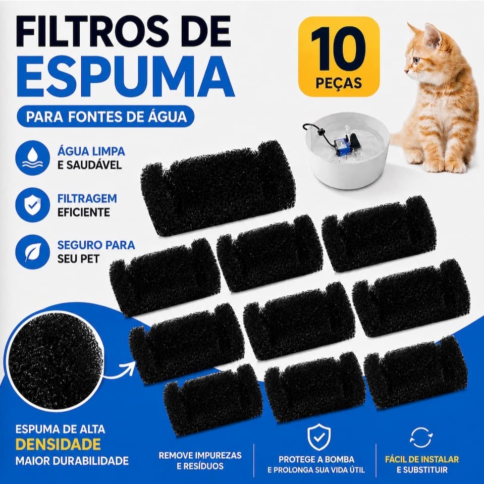 Kit 10 Filtro de Espuma Para Bebedouro Gatos Pet Animais Substituição Refil Fonte Água