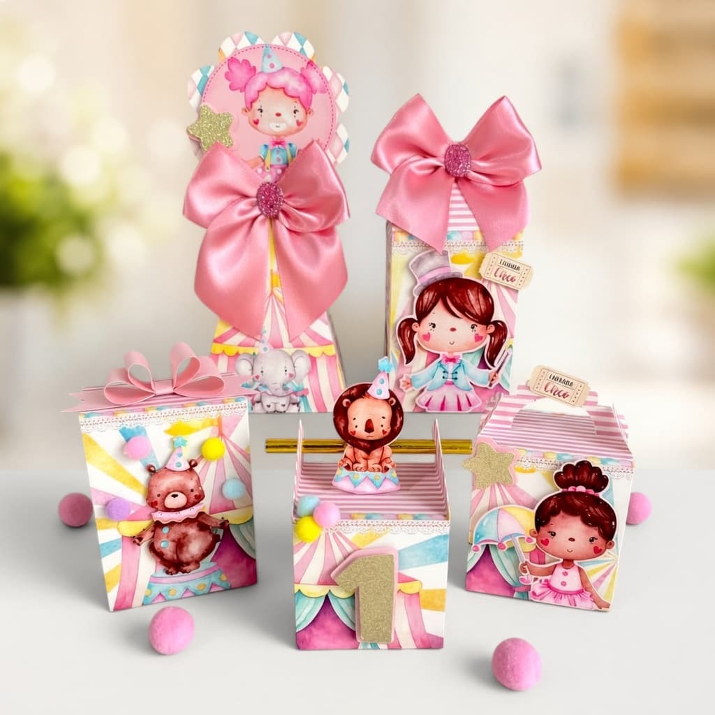 Kit Caixinhas Semi Luxo Circo Rosa Lembrancinha Festa Aniversário Personalizados