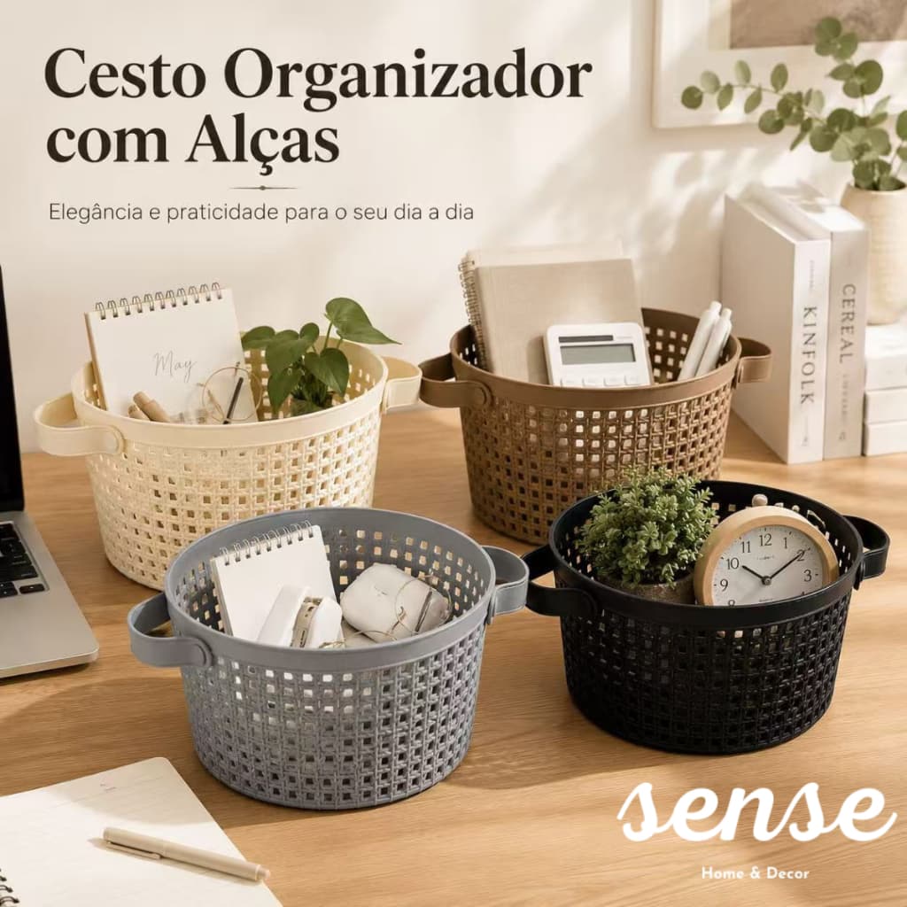 Cesto Organizador Redondo com Alças Cesta de Armazenamento para Mesa, Banheiro e Quarto