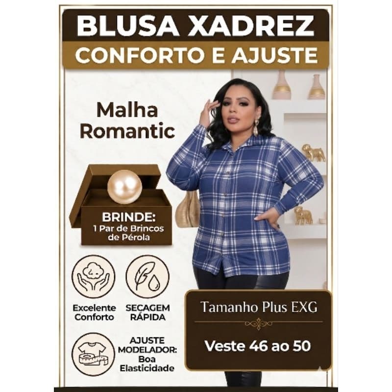 Camisão Feminino Xadrez Quadriculado Botões EXG PlusTecido Malha Romantic Confortável