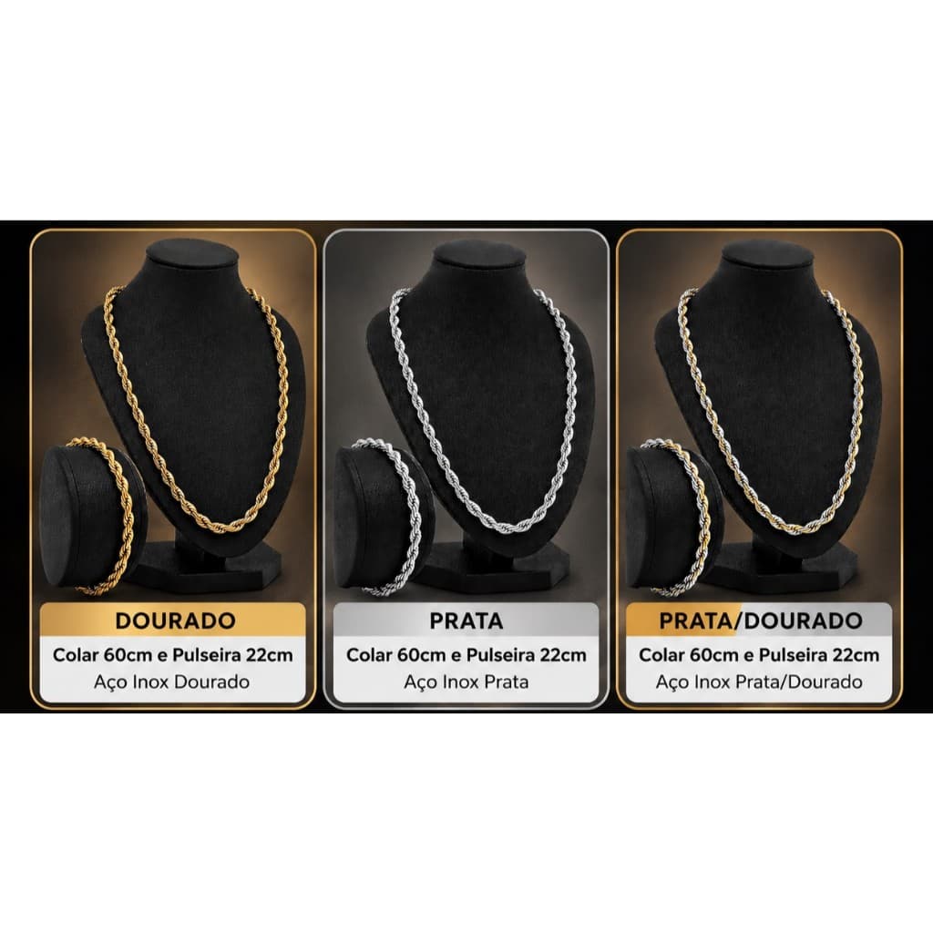Conjunto Colar 60cm e Pulseira Aço Inox 316L | Cordão Elo Baiano