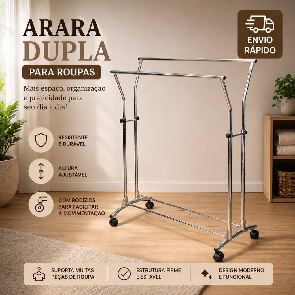 Arara Para Roupas MD Dupla, Linha  Luxo Com Rodinhas