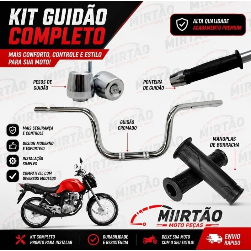 🔥 Kit Guidão Completo Cromado Universal 22mm (7/8") + Par de Manoplas e Peso | Alta Resistência e Acabamento Premium 🔥