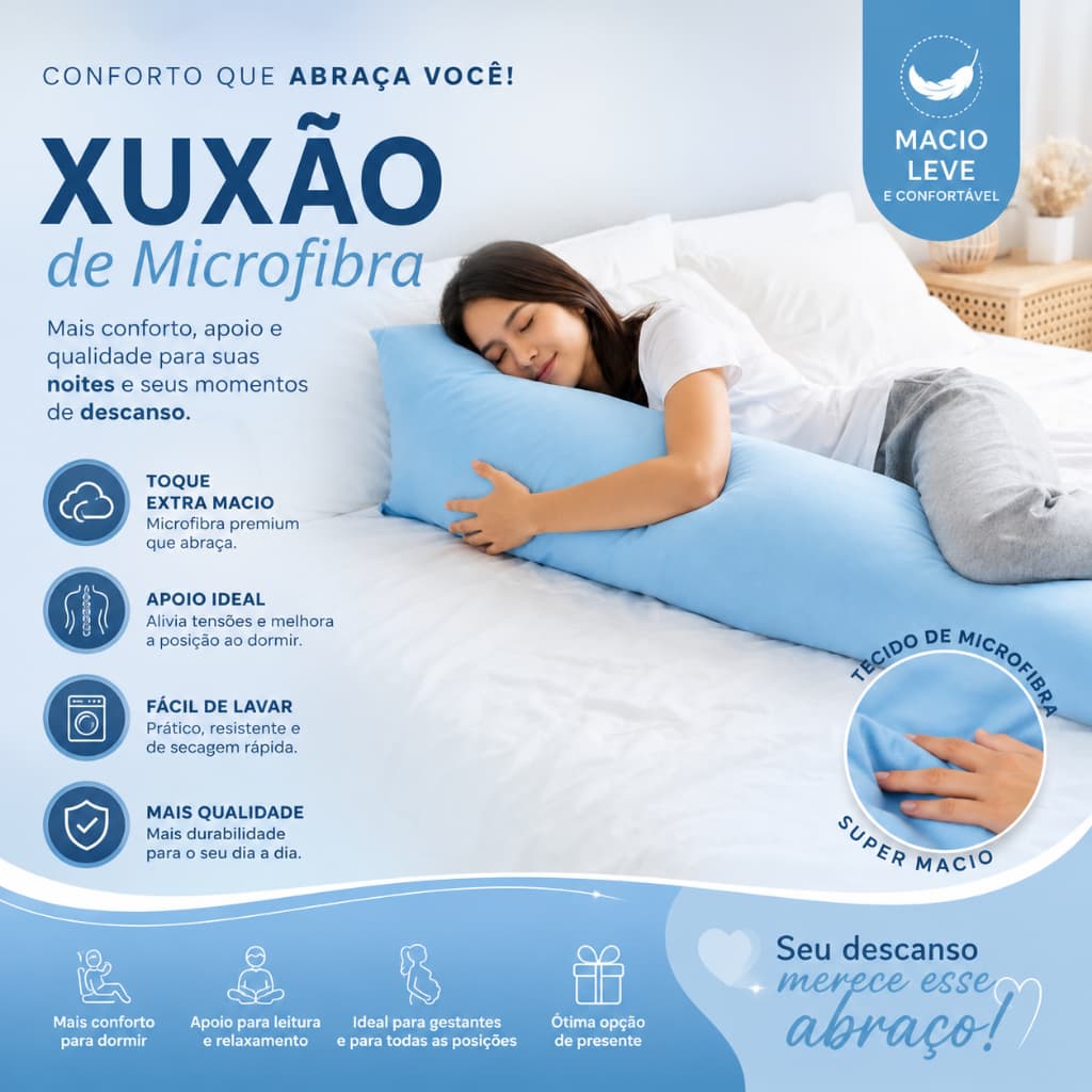 Travesseiro Xuxão Microfibra 135x35cm Almofada Corpo Inteiro Refil Silicone Capa Confortavel Dormir