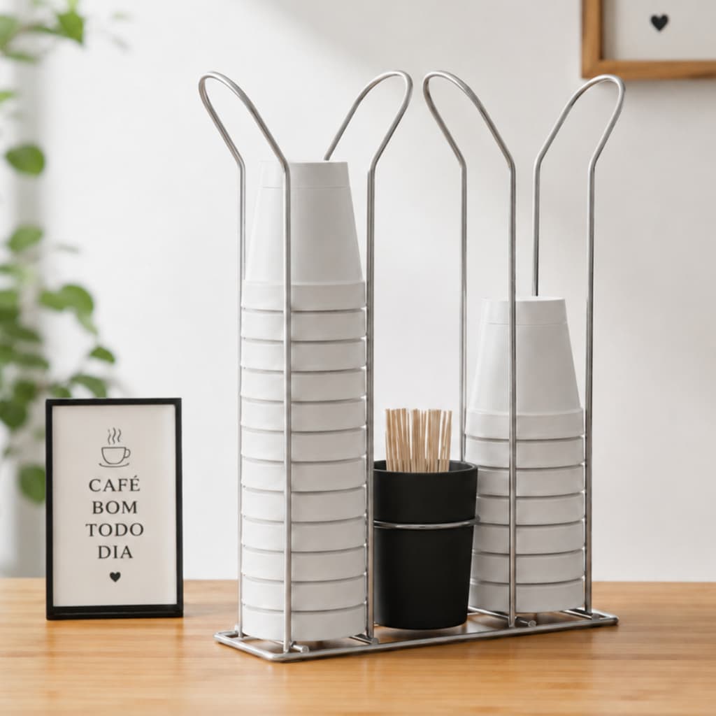 Suporte Porta Copos Descartáveis 80ml e 200ml Com Porta Colherzinhas Saches Organizador Dispenser
