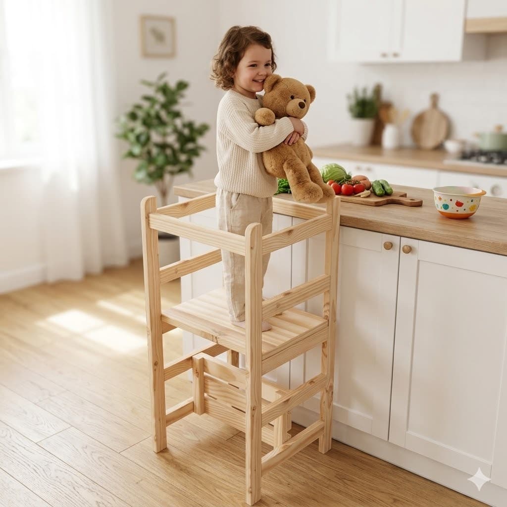 Torre De Aprendizagem Montessori 4 Em 1 Com Mesinha De Alimentação Cadeirão Infantil Madeira Pinus