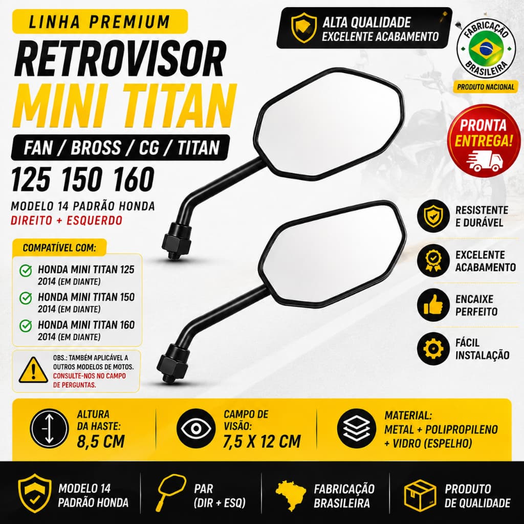 Retrovisor Mod. Mini Espelho Motos Honda Fan Bross Cg Titan 125 150 160