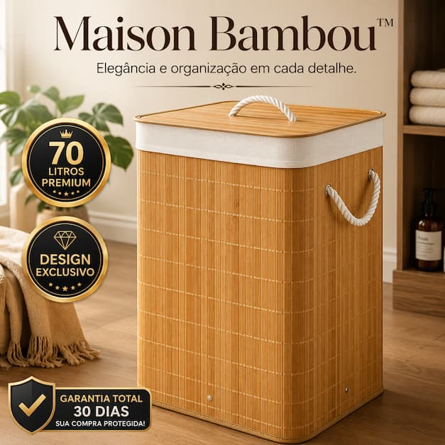 Cesto de Roupas de Bambu Premium 70L com Tampa, Alças e Design Sofisticado
