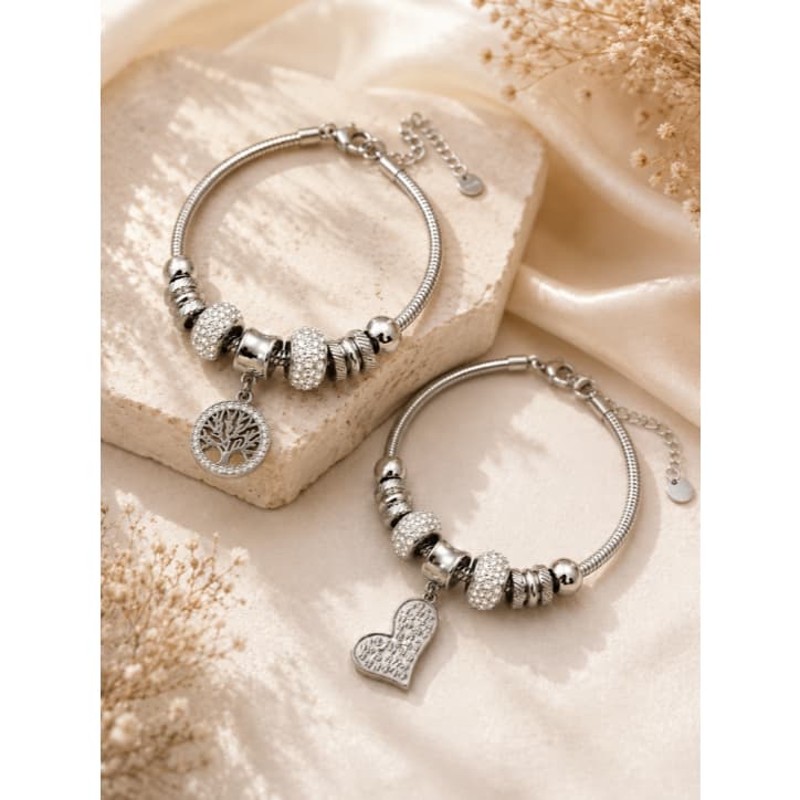 Kit 2 Pulseiras Berloque Pingente Coração e Arvore da Vida Aço Inoxidavel Ajustavel Charmes