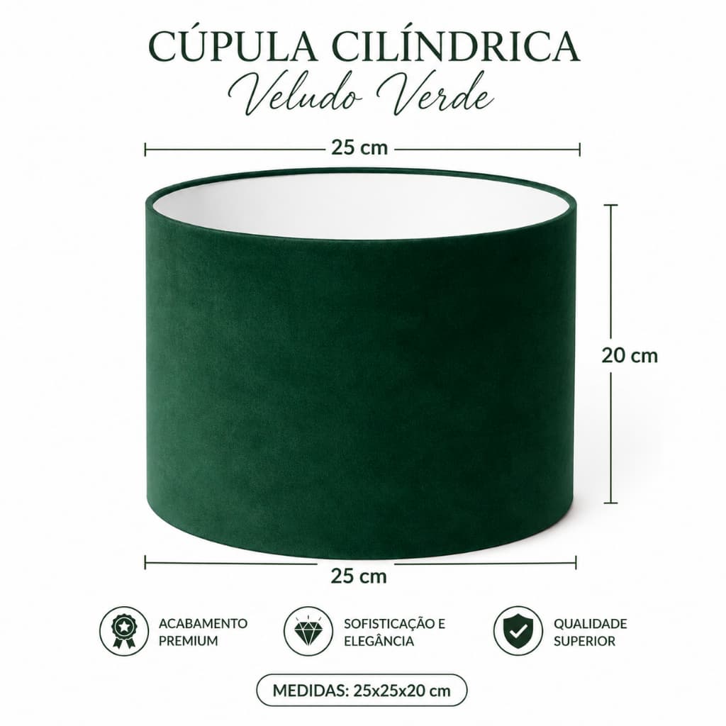 Cúpula média para abajur luminária de mesa pendente decorativa  25x25x20  em tecido  verde veludo