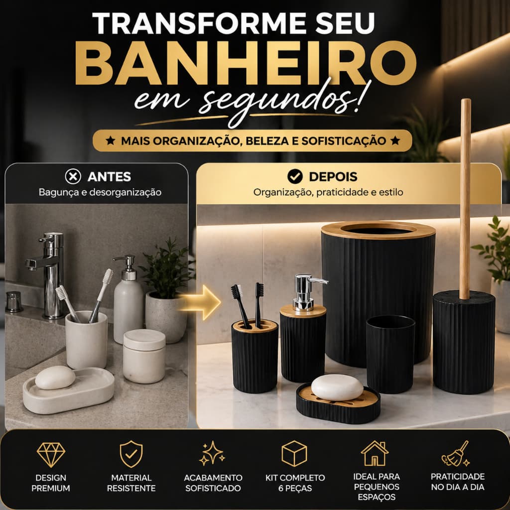 Conjunto Banheiro Bambu PRETO 6 Peças Kit Completo Porta Sabonete Escova Sanitária