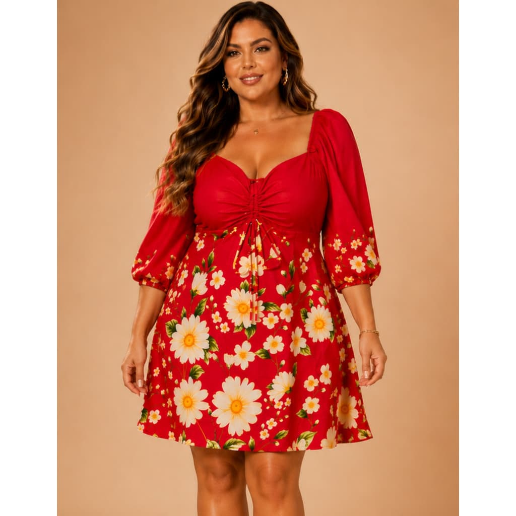 Vestido Floral Plus Size Curto Soltinho Acinturado Manga Curta Passeio G1 Vermelho Bordo Estilo Boho