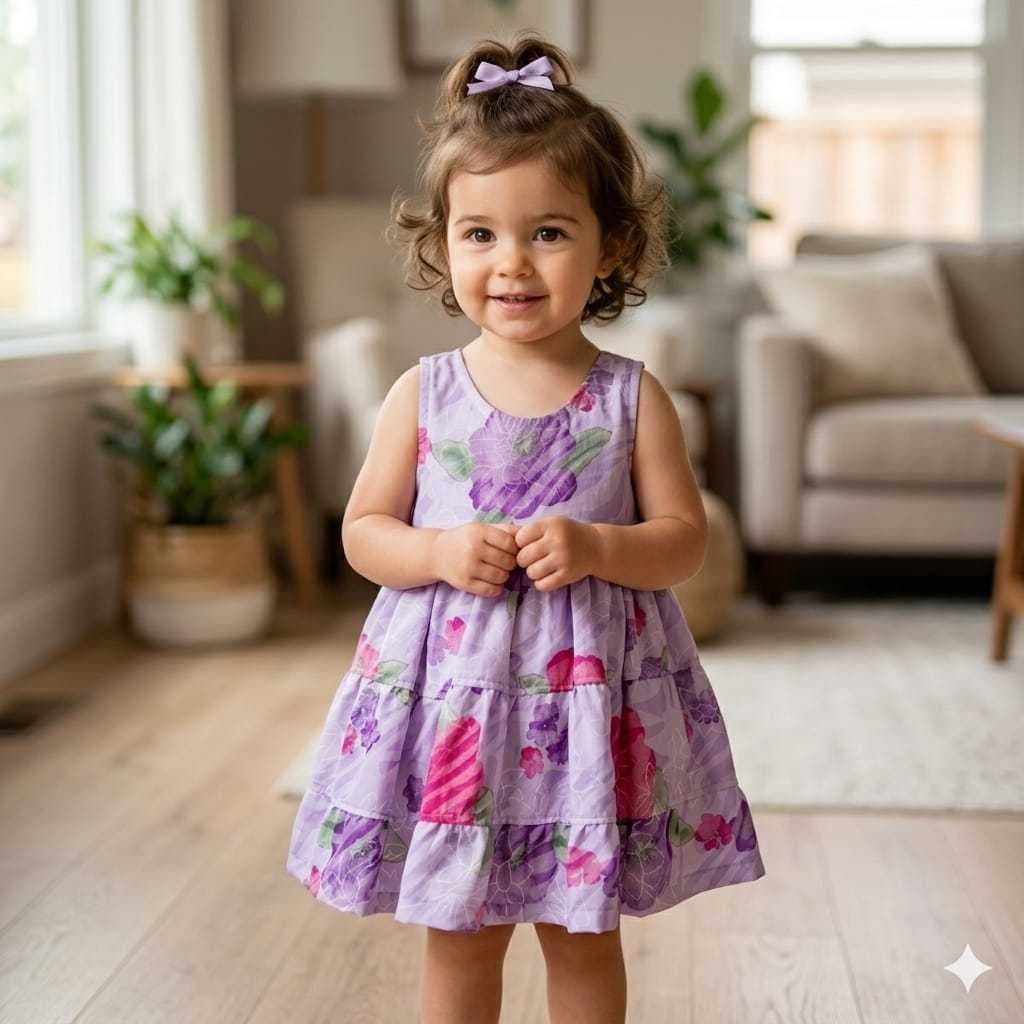 Vestido Infantil lilás  babado Verão estampado 1 a 6 anos