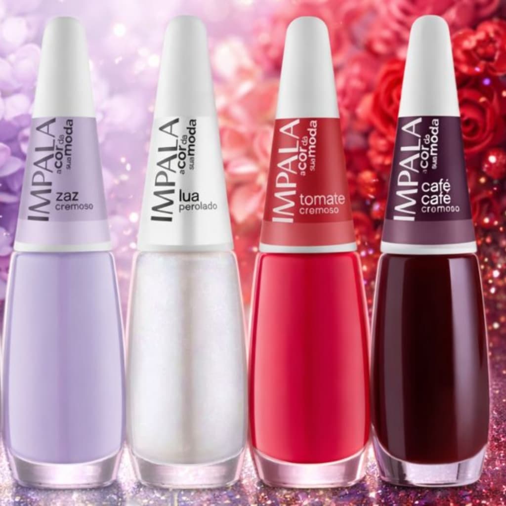 Kit 4 Esmaltes Tons de Lilás Perolado Vermelho Cremoso Café Marrom Impala