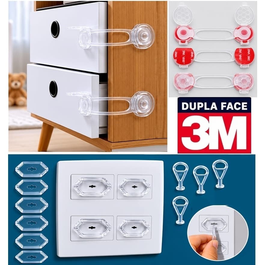 Kit 10 Travas de Gavetas Bebê e 10 Protetores de Tomada 4 Chaves Antichoque