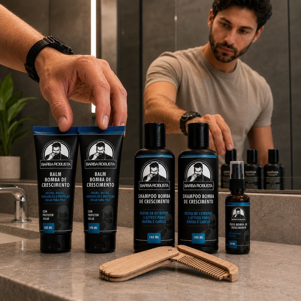 Kit para Barba robusta 2 Balm, 2 Shampoos, 1 Óleo E Pente De Madeira