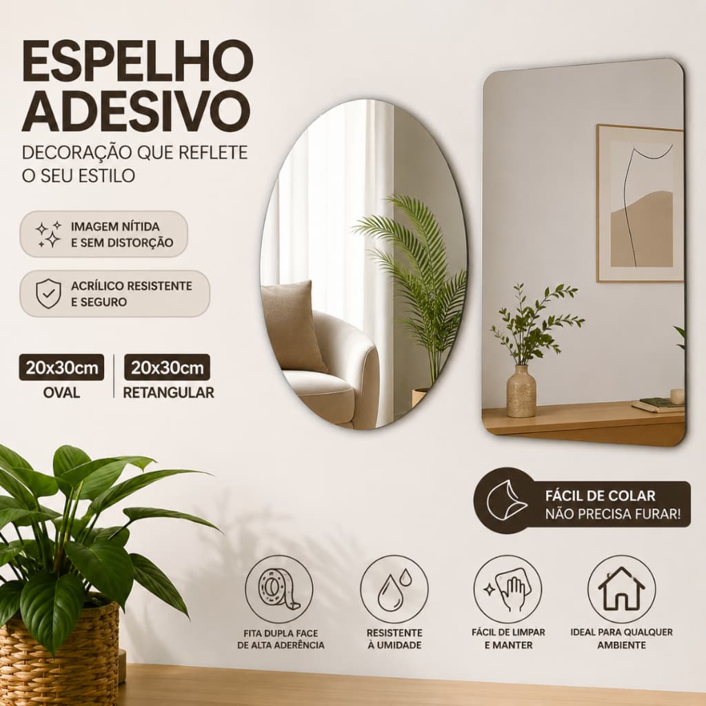 Espelho de Parede Acrílico Auto Adesivo 20x30 Retangular Oval arredondado Decoração