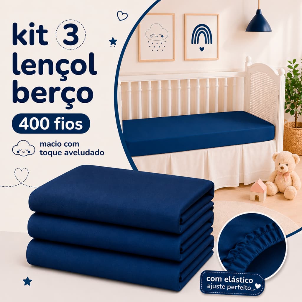 Kit 3 Lençol Avulso Berço Padrão Americano Percal 400 Fios Extra Macio Com Elástico