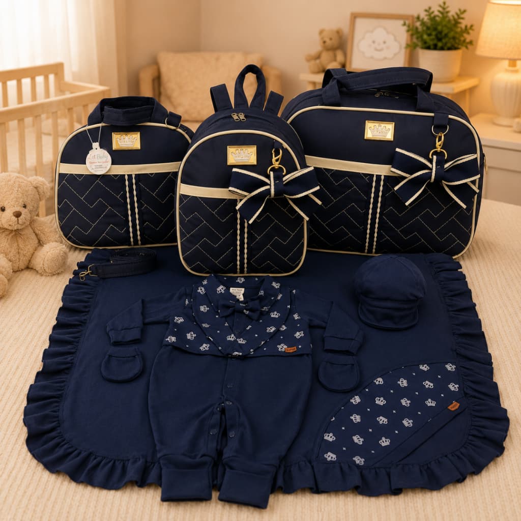 Kit Bolsa Maternidade Menino 3 Peças Laço + Saída Maternidade Azul Marinho - Opções Laços de Luxo