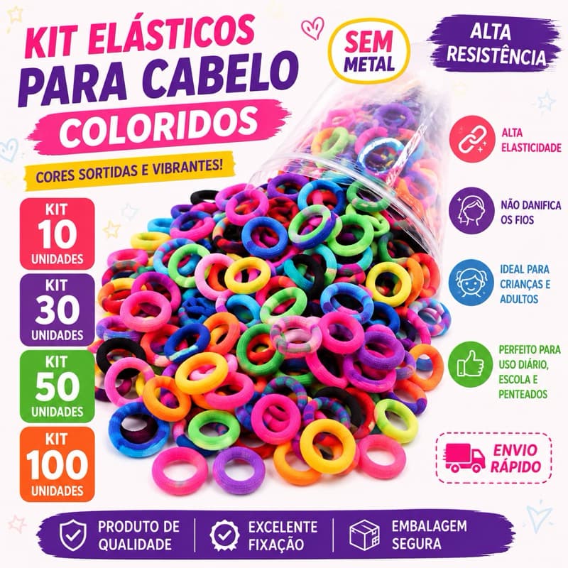 Kit Elásticos de Cabelo Coloridos Alta Resistência Sem Metal
