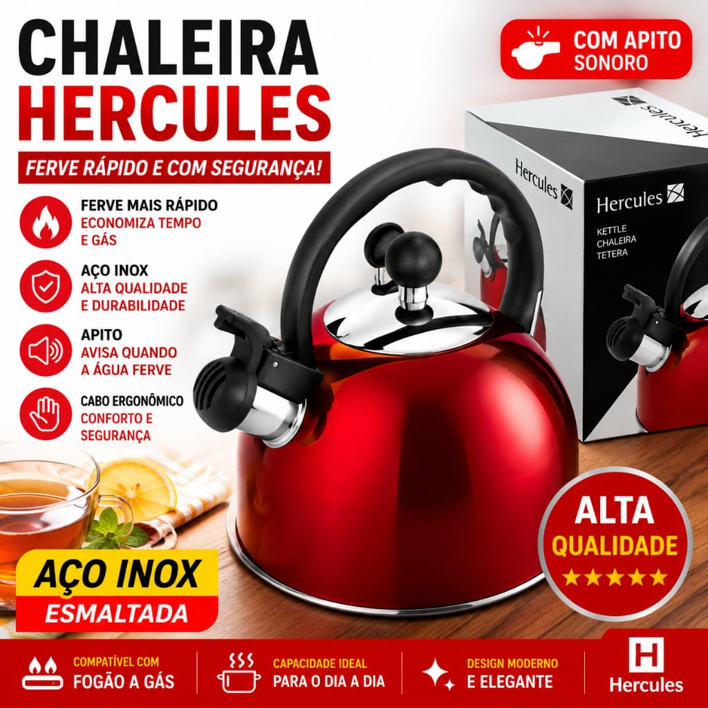 Chaleira aço Inox com Apito Ferve Rápido Fogão Gás  Esmaltada Inox Vermelho ALTA QUALIDADE  Hercules