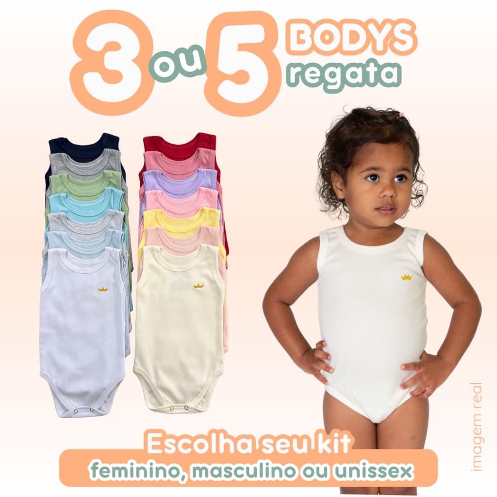 Kit 3 ou 5 Bodys Regata Bebê Calor Verão 100% Algodão Liso Cores Masculino Feminino Menina Menino Unissex Zuraffa Baby