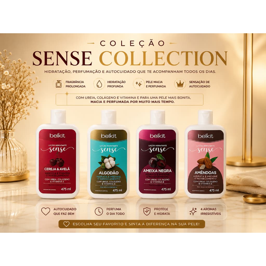 Loção Hidratante Belkit Sense 475ml Ureia Colágeno Vitamina E Hidratação Intensa Pele Aveludada