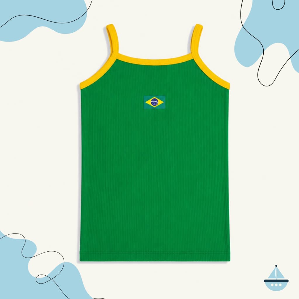 Regata Infantil Feminina do Brasil Bandeira Alça Fina Anarruga Blusinha Verão Copa do Mundo Futebol