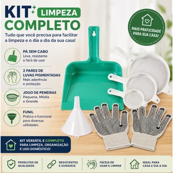 Kit Limpeza Completo – Pá sem Cabo + 2 Pares de Luvas Pigmentadas + Jogo de Peneiras (P, M e G) + Funil