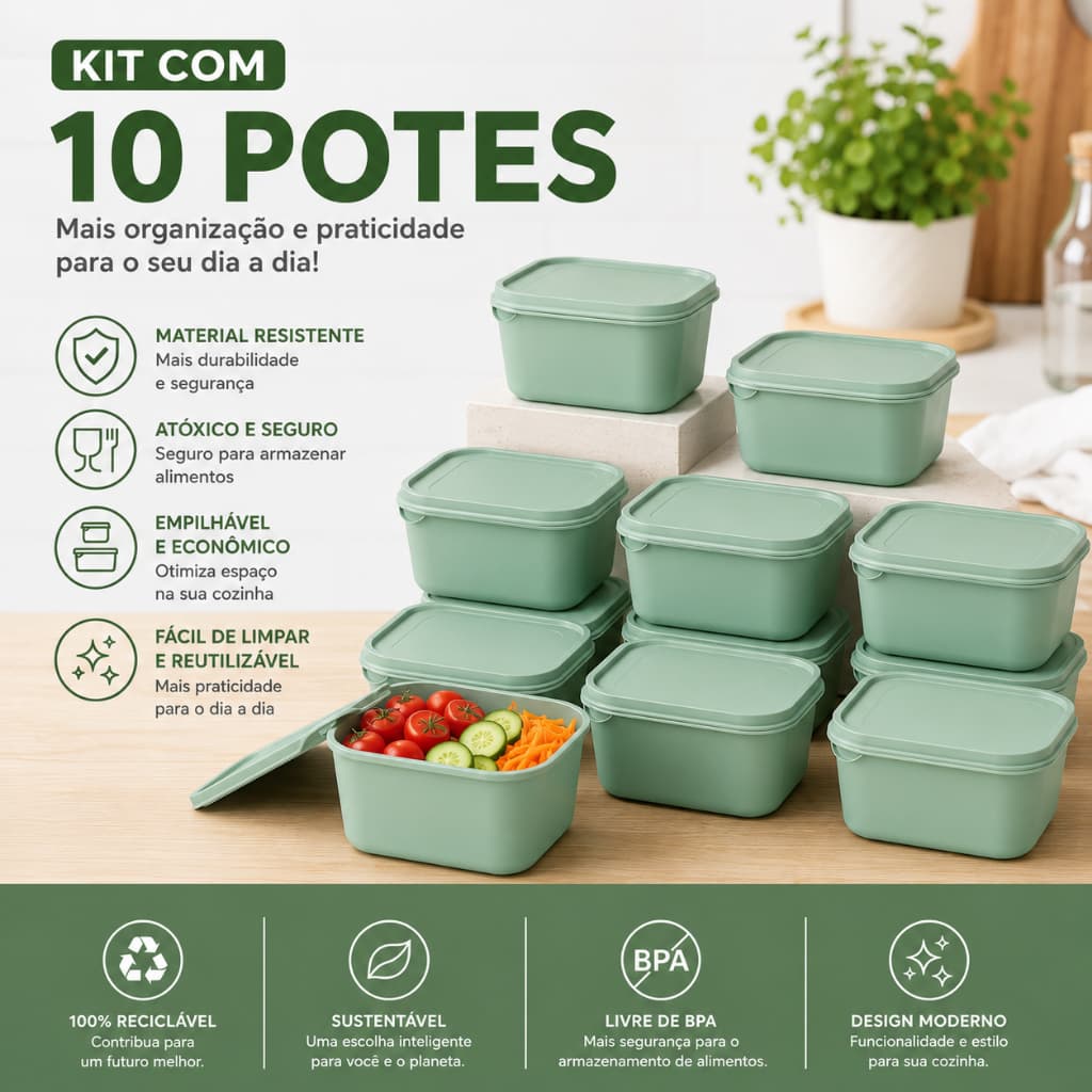 Kit 10 Potes Multiuso 1200ml Com Tampa Organizador Geladeira Despensa