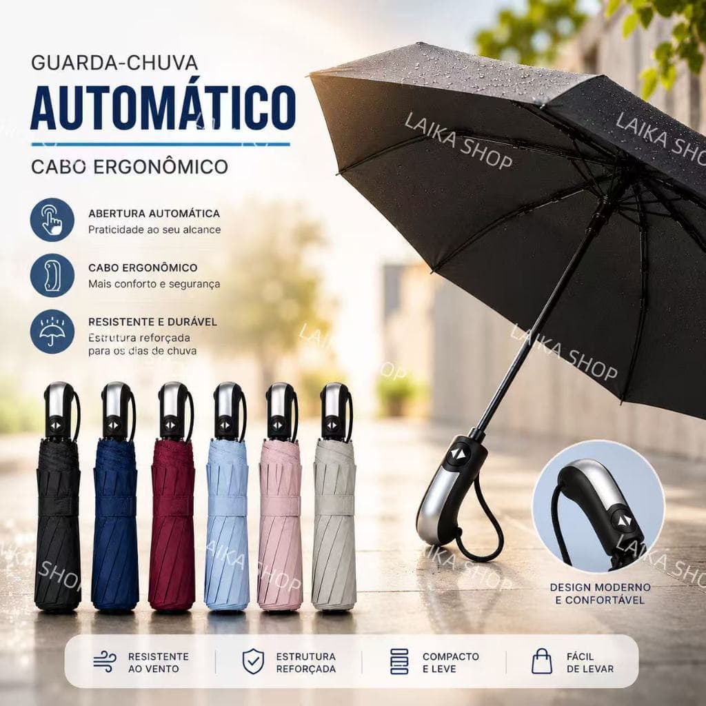 Guarda-Chuva Automático Abre e Fecha com clique Cabo Ergonômico Reforçado 10 Varetas Dobrável