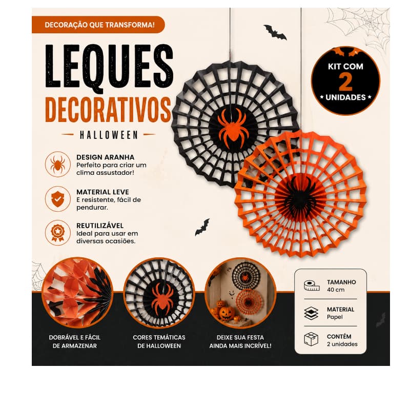 Leque Decorativo Halloween Aranha 40cm Kit com 2 Unidades Decoração Festa Halloween