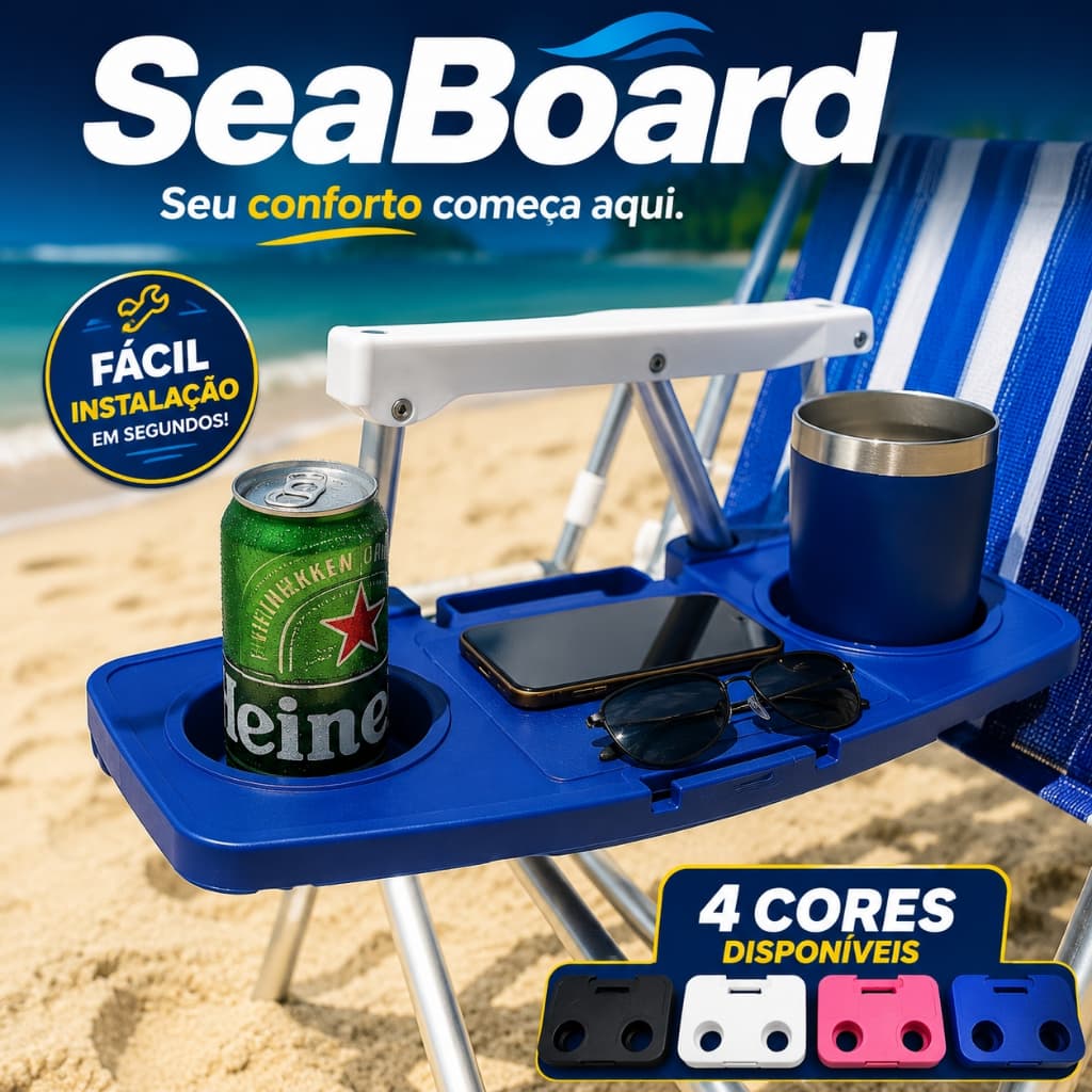 Mesa Portátil para Cadeira de Praia SeaBoard com Porta Copos Duplo Suporte para Celular 4 Cores