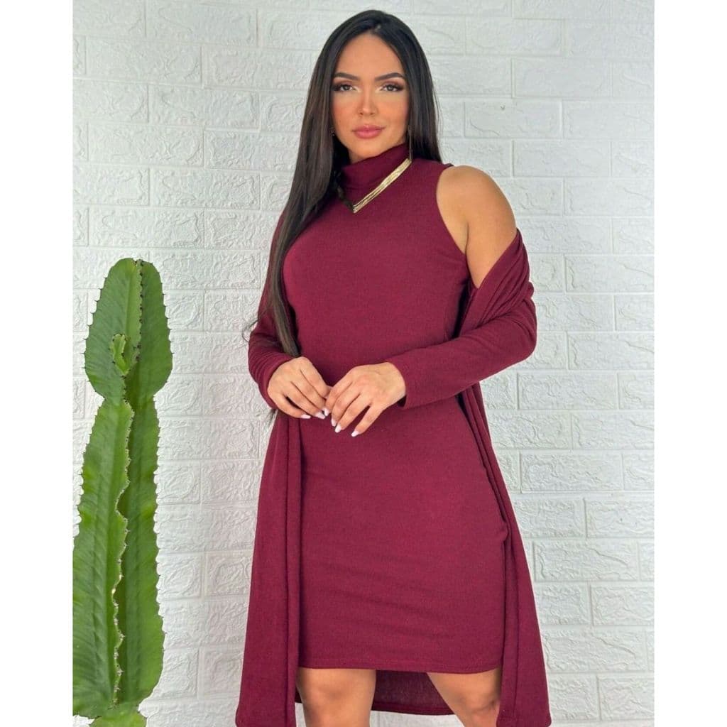 Conjunto Feminino Vestido e Cardigan Lanzinha Quentinho Tubinho Look Completo Outono Inverno