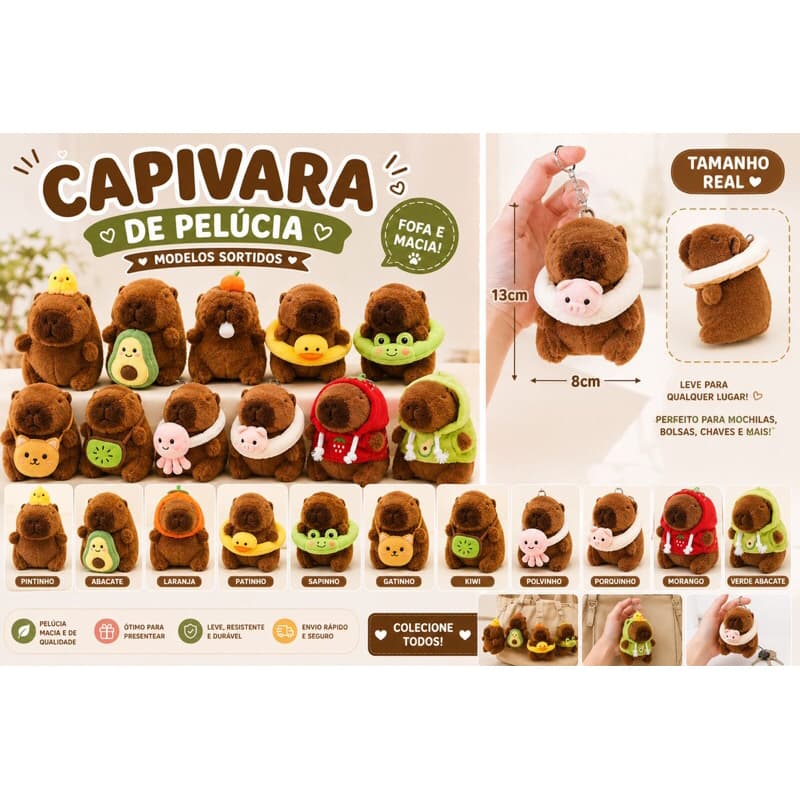 chaveiro capivara de pelúcia 13cm modelos sortidos