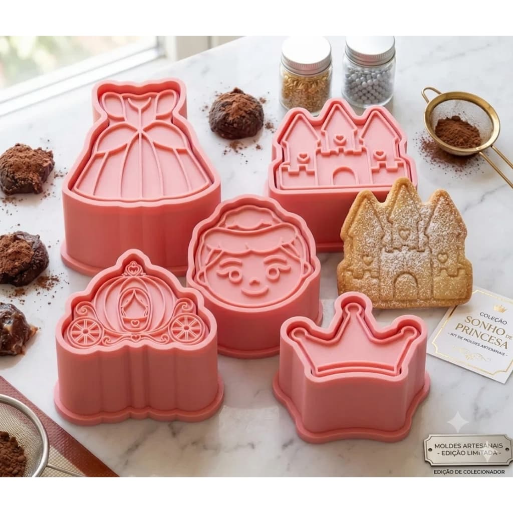 Kit 4 mini Cortadores de Biscoito e Brigadeiro Princesa Rosa - Vestido, Castelo, Carruagem e Princesa