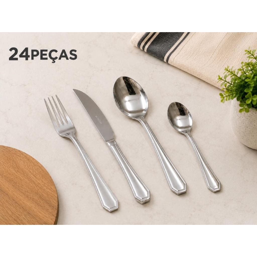 Faqueiro Aço Inox 24 Peças Premium Jogo De Talheres Completo Garfo Faca Colher Cozinha Mesa Posta