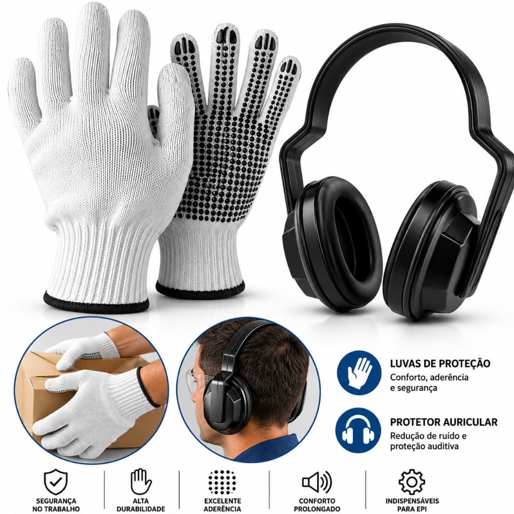 Kit EPI Segurança Básica – Luva Tricotada Pigmentada + Protetor Auricular Tipo Concha