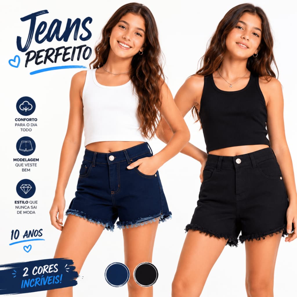 Short Jeans Juvenil Menina Cintura Alta Confortável Moda Blogueirinha Promoção Short Para Meninas