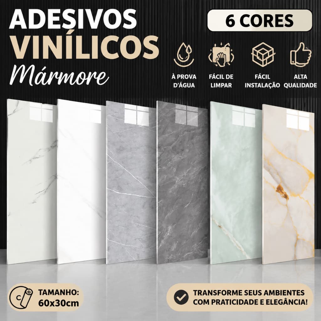 Kit 10/20/30/50 Placas PVC Mármore 3D Autoadesivas 60x30cm Lavável Impermeável Parede Piso Cozinha Banheiro Sala Quarto