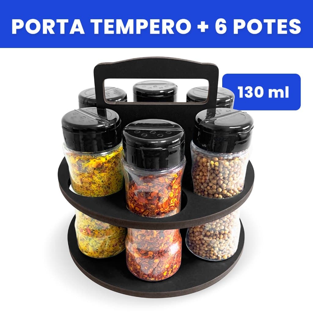 6 Potes para Tempero e Especiarias 130ml com Porta Tempero MDF 6mm e Alça Organiza Cozinha