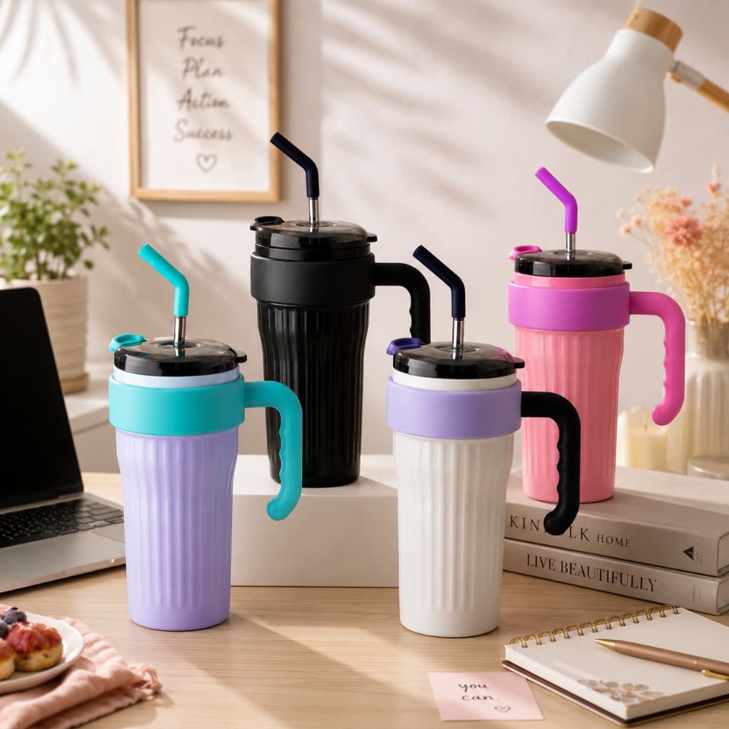 Copo Caneca Térmico Blogueira 860ml com Alça e Canudo de Silicone Quente e Frio Água Café Academia