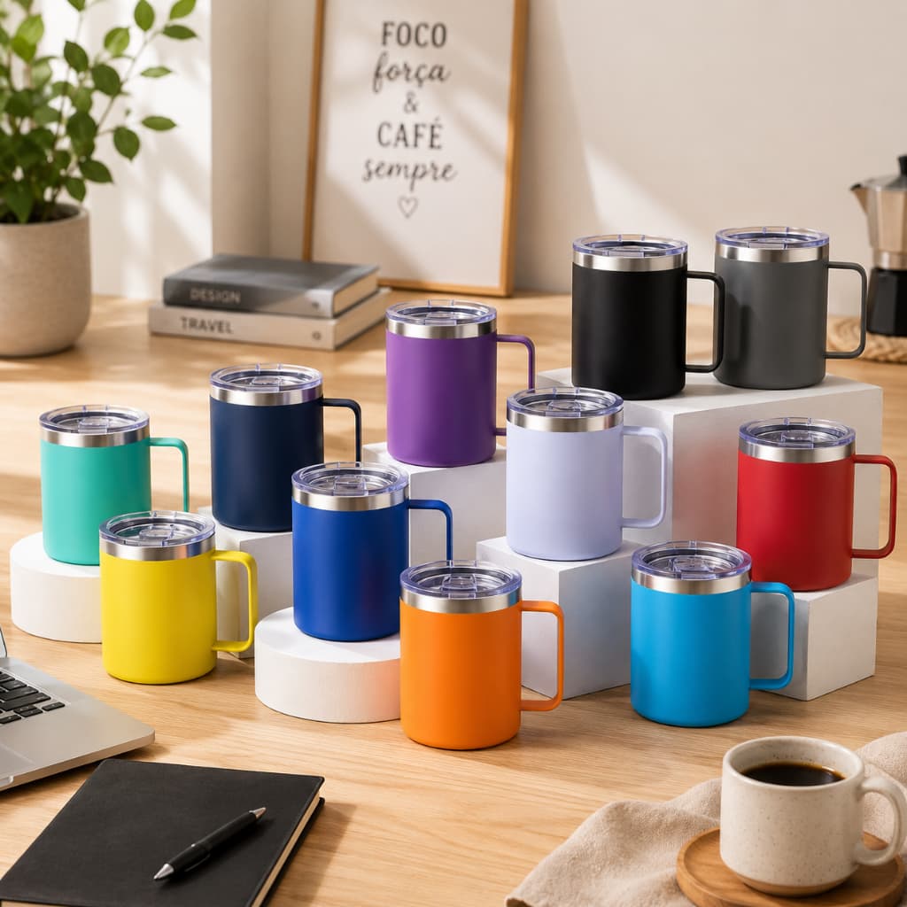 Copo Caneca Térmico com Alça Tampa Antivazamento Abre Fácil 350ml Café Quente Água Gelada