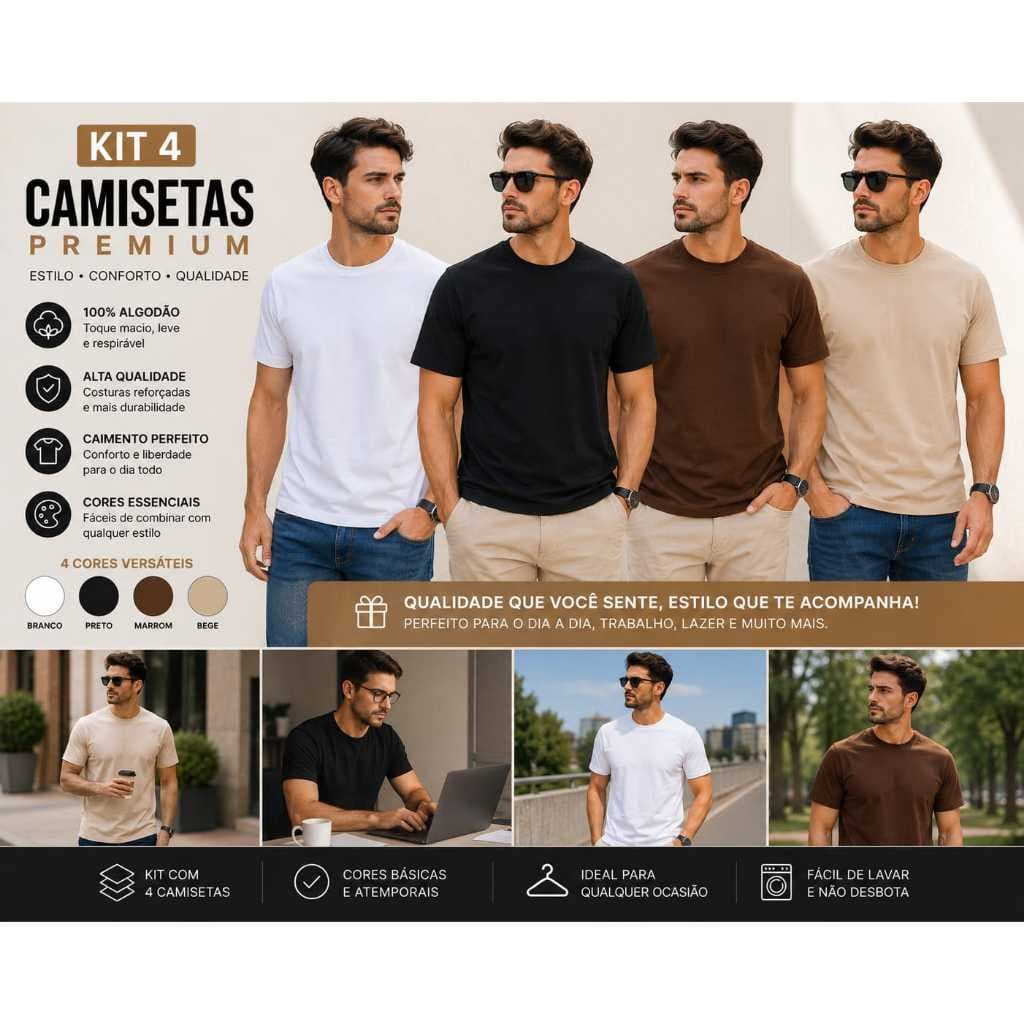 Kit com 4 Camisetas Básicas  Unissex Blusa Masculina Blusa Feminina 100% Algodão Casual Trabalho Dia a Dia