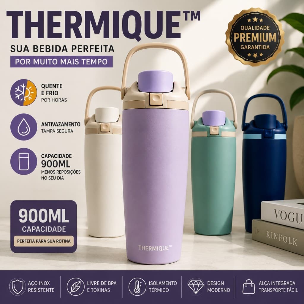 Garrafa Térmica Agua Café  900ml Inox Com Alça Portátil Mantém Quente e Frio Antivazamento