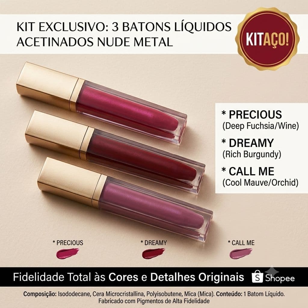 Kit 3 Batons Líquidos Matte Luisance Nude Metal - Call Me, Dreamy, Precious, Longa Duração