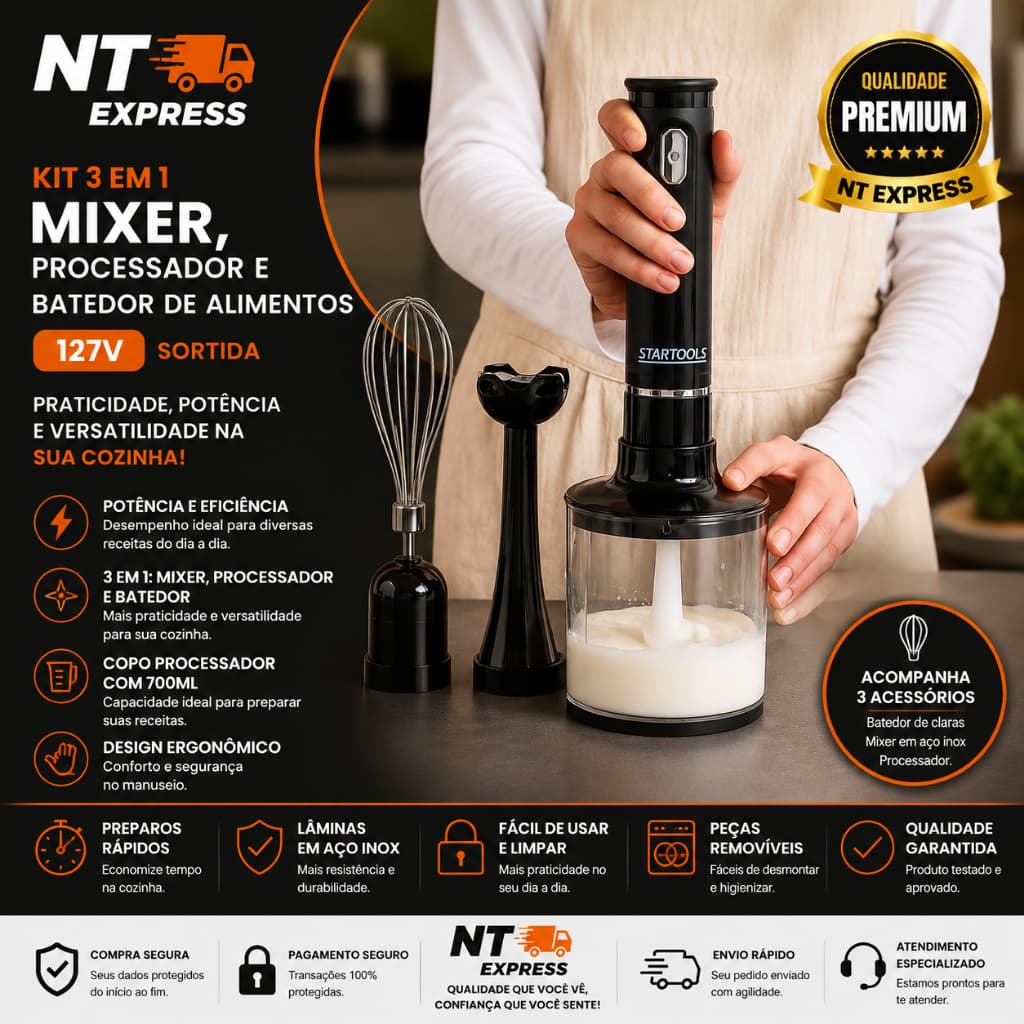 Mixer Processador Multifuncional 3 Em 1 Potente Facil Uso 127V e 220V