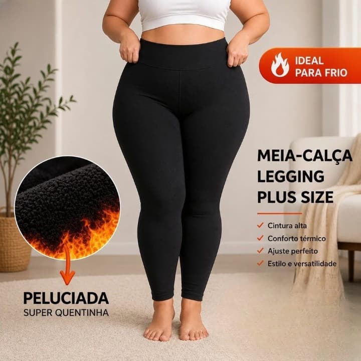 Meia Calça Legging Térmica PLUS SIZE Peluciada Grossa Cintura Alta Confortável Inverno Flanelada Modeladora Cós Inverno