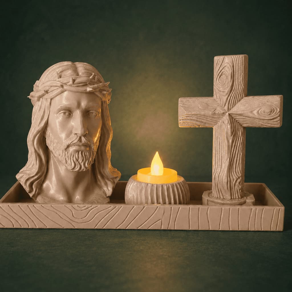 Kit Jesus Cristo Com Cruz e Porta Vela LED Decoração Para Altar Católico